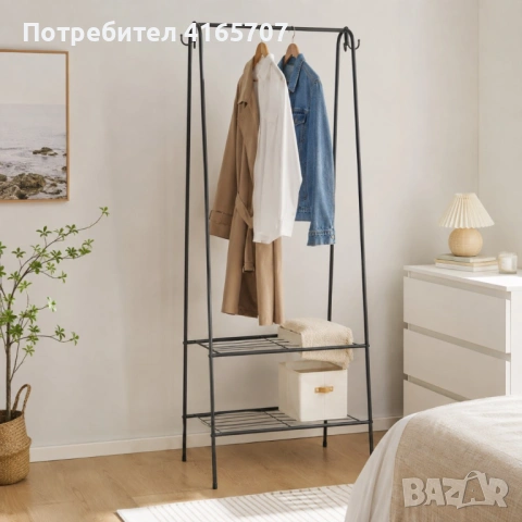 Метална закачалка за дрехи с 2 рафта за обувки и 4 куки – Отворен гардероб органайзер 109x41x150 см