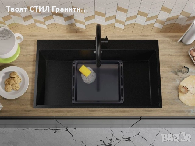 Черна кухненска гранитна мивка Осло 90 XXL Top 880 x 500 мм, снимка 3 - Мивки - 54700649