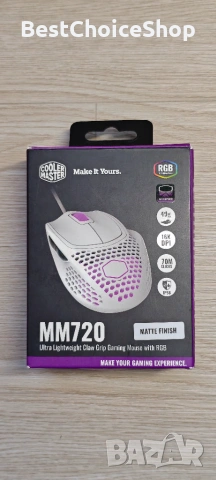 Геймърска мишка Cooler Master MM720, матово бяла, 16000 DPI, RGB и форма на захвата тип „нокът“, снимка 2 - Клавиатури и мишки - 55138107
