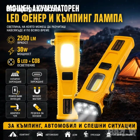 Мощен акумулаторен LED фенер къмпинг лампа осветление за риболов туризъм палатка аварии автомобил