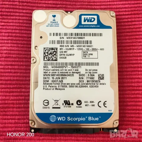Твърд диск за лаптоп, Hdd 640gb sataii scorpio blue 5400rpm. , снимка 5 - Части за лаптопи - 55643018
