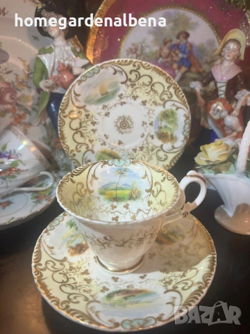 Антика Coalport England Circa 1827 – Порцеланова чаша с чинийка | Ръчно рисувани пейзажи