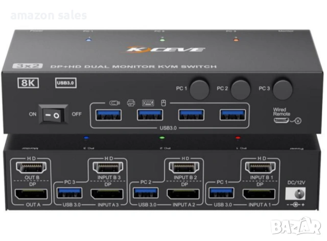 8K 60Hz KVM превключвател за 2 монитора и 3 компютъра Displayport и HDMI 4K 144Hz,KCEVE KVM302DH