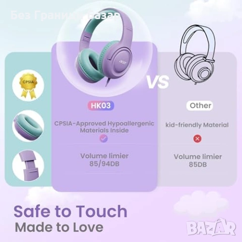 Нови Детски over-ear слушалки Acer HK03 за таблет училище пътване сгъваеми с лимит на звука, снимка 4 - Слушалки и портативни колонки - 54464971