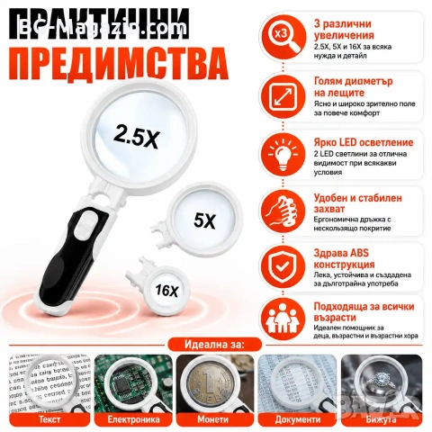 Увеличителна мощна ръчна лупа с LED осветление лампа дръжка различни сменяеми лещи четене бижута, снимка 3 - Други инструменти - 50920055