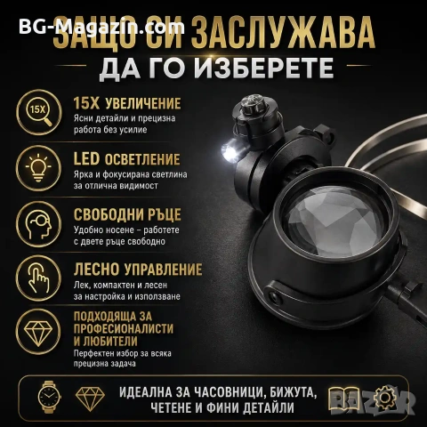 Професионална мощна увеличителна лупа глава за око с LED осветление часовникарска бижутерска лед, снимка 5 - Други инструменти - 50921213