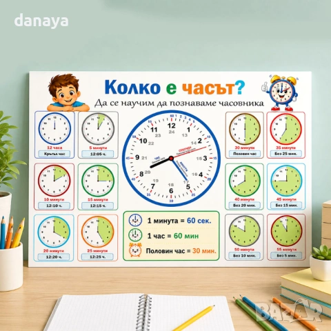 6746 Ламинирано образователно табло Колко е часът, А4, снимка 2 - Ученически пособия, канцеларски материали - 54659388