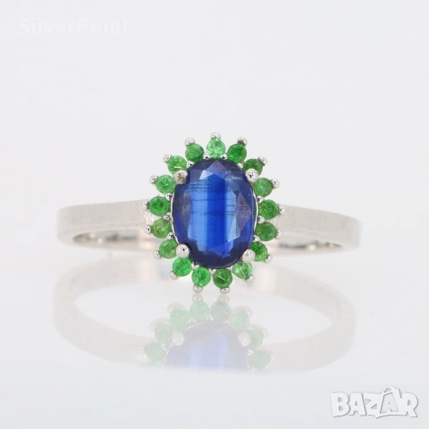 Сребърен пръстен със Сапфир Royal Blue и Цаворити със сертификат 