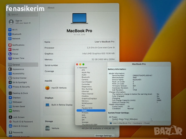 15' Core i9 Apple MacBook Pro 2019 Silver @ 32GB RAM/512GB SSD/Radeon Pro 560X 4GB/Бат 70 цик, снимка 6 - Лаптопи за работа - 51748576