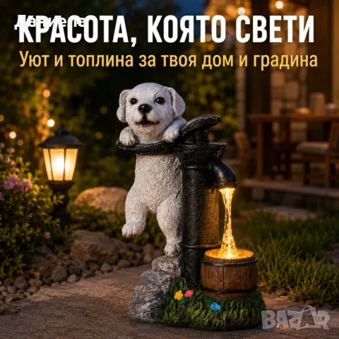 Соларна градинска LED лампа кученце с декоративен фонтан – IP44, автоматично осветяване