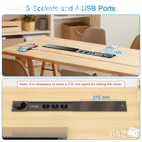 разклонител за вграждане/3 гнезда/15W безжично зарядно/2 USB-C PD 30 W/2 USB-A порта, Inox капак, снимка 5 - Други - 54710717