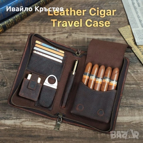 Калъф хумидор за пури от естествена кожа с джоб за резачка и запалка и слот за карти , снимка 2 - Табакери - 55180906