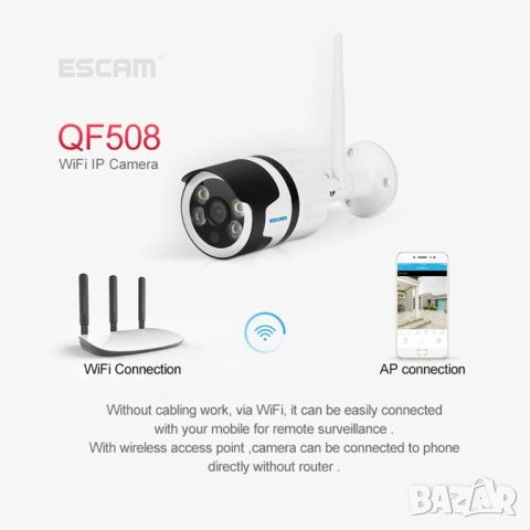 Безжична IP Камера Escam QF508, FHD 1080P, H.265, 2MP, WiFi, Водоустойчива, снимка 13 - IP камери - 54356000