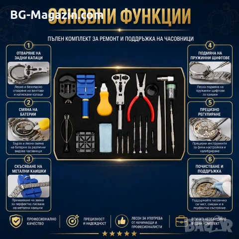 Професионални часовникарски инструменти комплект за ремонт отваряне смяна на батерия на часовници, снимка 2 - Други инструменти - 50987596