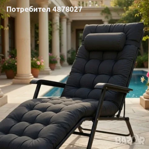 Луксозен градински шезлонг, сгъваем, с черна рамка и черна ватирана възглавница, 3 позиции на регули, снимка 6 - Градински мебели, декорация  - 55626489