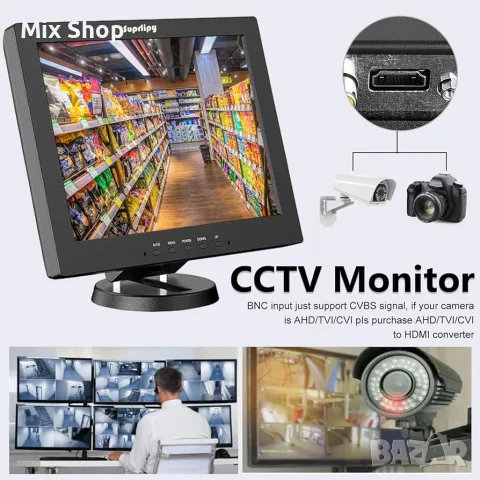 Нов 12-инчов цветен TFT LCD монитор за видеонаблюдение (CCTV) с резолюция 800x600 съотношение 4:3 , снимка 4 - Друга електроника - 55391201
