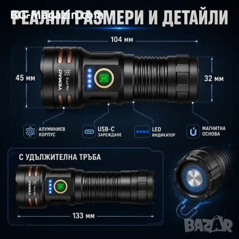 Професионален прожектор 3000 лумена YEMAO Хибриден Лазерен LED USB-C за лов риболов туризъм палатка, снимка 6 - Къмпинг осветление - 54027415