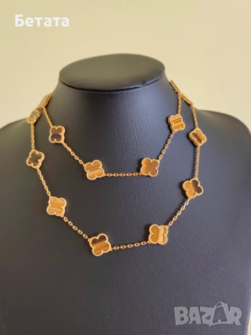 Дълго дамско колие с 20 детелини с камъка тигрово око Van Cleef & Arpels VCA, снимка 2 - Колиета, медальони, синджири - 54352768