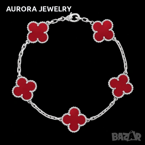 Van Cleef & Arpels VCA 5 Motifs Silver Red Carnelian Vintage Alhambra Дамска Гривна, снимка 8 - Гривни - 54309528