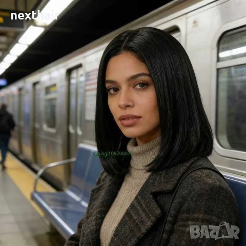 Елегантна права черна каре перука 35 см с път, снимка 4 - Аксесоари за коса - 54189668