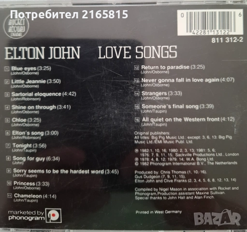 Elton  John  Love songs  CD compilation , снимка 2 - CD дискове - 54318425