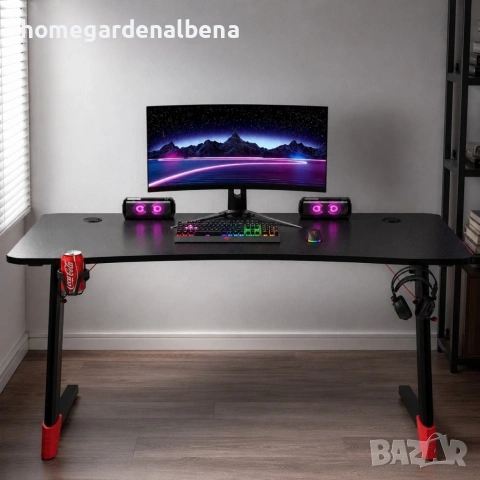 Геймърско бюро 140x60x75 см, RGB LED осветление, карбонов плот, поставка за чаша и слушалки, черно, снимка 8 - Бюра - 54687210