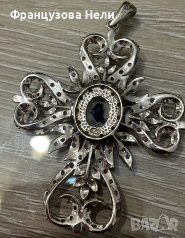 Сребърен кръст с Танзания и сапфири, снимка 2 - Колиета, медальони, синджири - 54169117