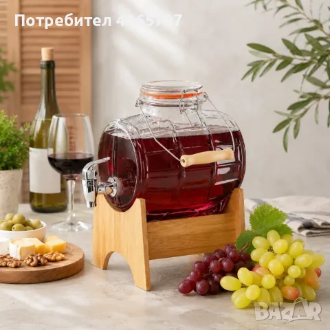 Стъклен диспенсър за напитки 3L тип Бъчва с кранче и дървена стойка