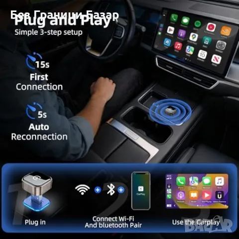Нов CarPlay Android Auto безжичен адаптер, 5.8GHz, iOS 10+, Android 11+ кола телефон връзка, снимка 4 - Друга електроника - 55583692