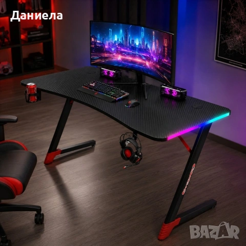 Геймърско бюро с RGB LED, Карбонов плот и поставки за чаша и слушалки – 120 см, черно, снимка 3 - Бюра - 54696864
