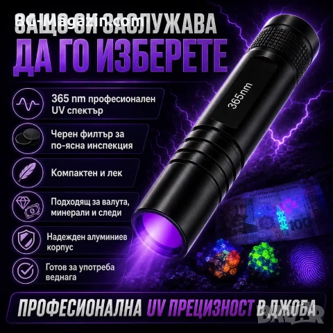Професионален силен ув фенер 365nm UV фенерче с черен филтър за фалшиви пари печати камъни смола, снимка 4 - Други инструменти - 54340275