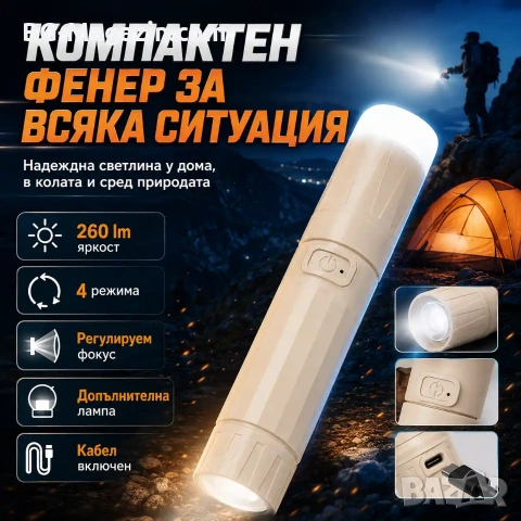 Мощен акумулаторен джобен фенер Aerbes 800mAh с COB лампа и Type-C