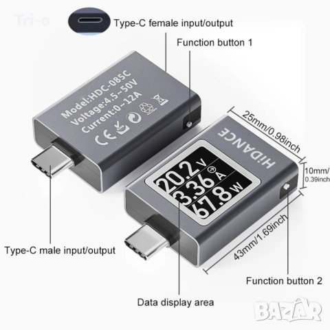 13 в 1 DC 4.5-50V 0-12A Измервател на текущо напрежение, амперметър, волтметър PD3.1, снимка 5 - USB кабели - 54437125
