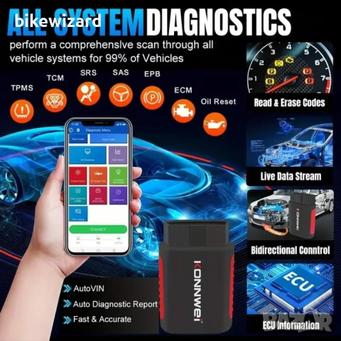 KONNWEI KDIAG OBD2 диагностичен скенер за всички системи Bluetooth iOS/Android – Bluetooth НОВО, снимка 4 - Друга електроника - 54611586