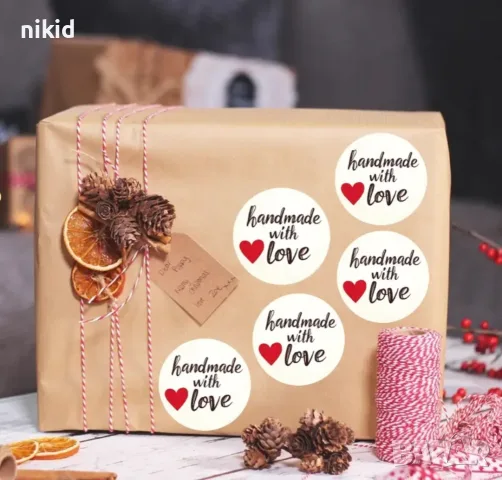 100 бр HandMade with love ❤ бели малки самозалепващи лепенки стикери ръчна изработка подарък, снимка 3 - Други - 55509499