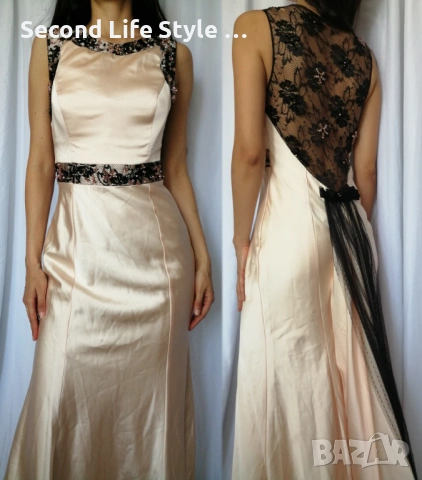 Дълга луксозна официална бална / вечерна / абитуриентска рокля от сатен, дантела, мъниста р-р M