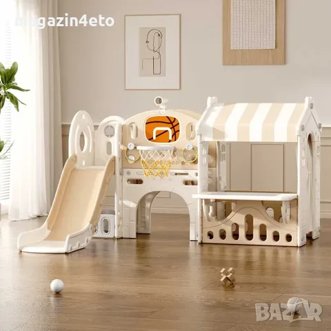 Детски център за игра с пързалка, къща и баскетболен кош, кафяв