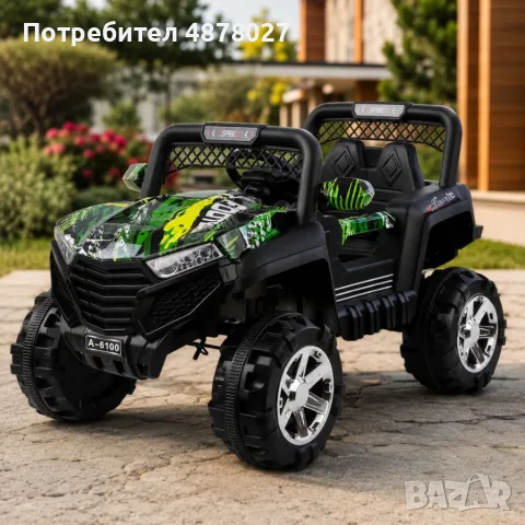 Детско електрическо бъги 4×4 с дистанционно, LED, USB и MP3 – 4 мотора, зелено