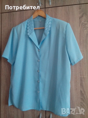Дамска риза къс ръкав № 50- Яка с рязана бродерия   синя          