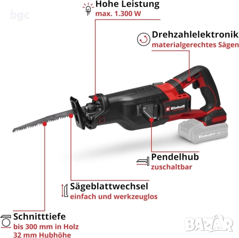 Про Einhell Саблен Трион Професионален TP-AP 18/32 Li BL Безчетков Височина на повдигане 32 мм, Дълб