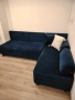 Син плюшен ъглов диван с функция сън, снимка 1