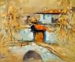Картина, пейзаж, къщи, худ. П. Митков, снимка 2