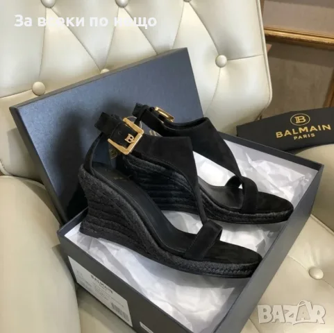 Balmain Suede T-Strap Wedge Sandal "Black/Gold" Дамски Черни Сандали На платформа Код ch2, снимка 4 - Сандали - 55411005