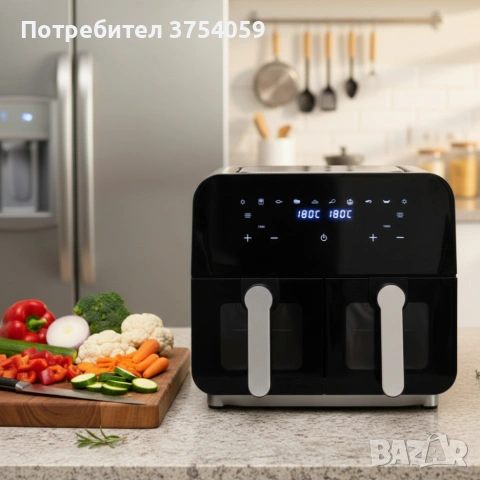 Двоен фритюрник с горещ въздух Cheffinger 9 л  с дигитален дисплей, стъклен прозорец и 360° циркулац, снимка 5 - Фритюрници - 55196126