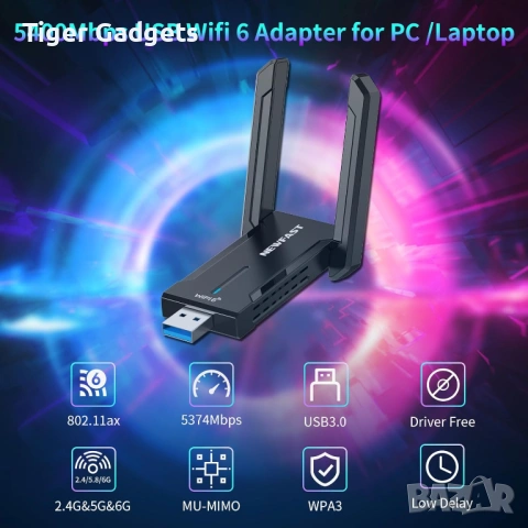 NEWFAST WiFi 6E USB Адаптер AXE5400 – Tri-Band WiFi Dongle с USB 3.0 за PC и лаптоп, снимка 2 - Кабели и адаптери - 54832851