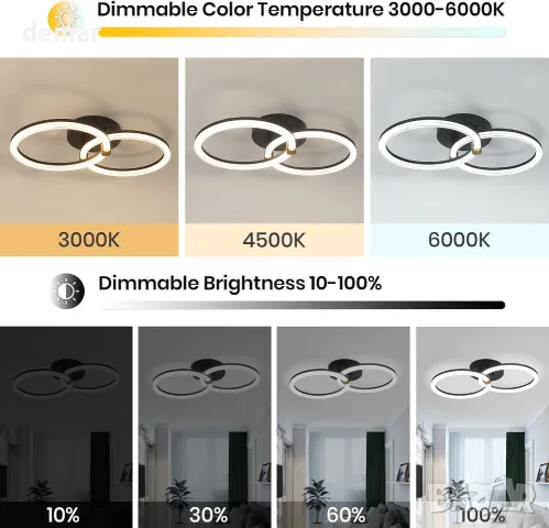 Смарт LED полилей с 2 пръстена и димер (3000–6000K), управление с дистанционно, снимка 6 - Полилеи - 55537214