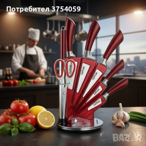 Комплект ножове 8 части със стойка Cheffinger – неръждаема стомана, въртяща се акрилна поставка 360°
