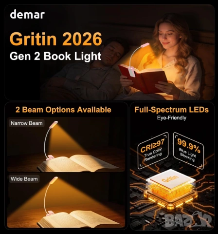 Gritin смарт LED лампа за книга с гъвкава шия, 5 нива яркост и регулиране на цветна температура, снимка 9 - Други - 54911291