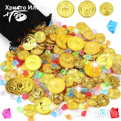Пиратско съкровище комплект монети камъни и торбичка