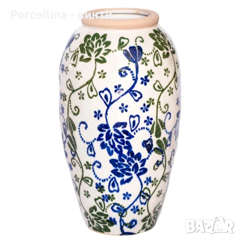 Керамична ваза с флорален мотив – синьо и зелено